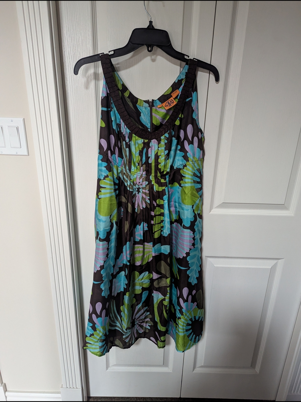 Tory Burch Black Floral  Dress with Teal & Lime Accents
